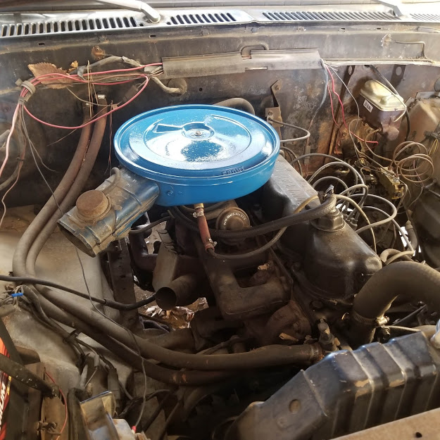 View under the hood, showing the engine, wires, leaves, and a blue air filter